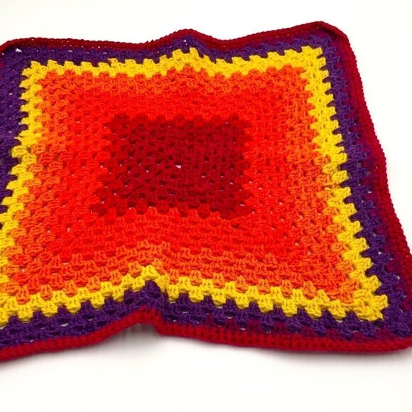 Other - Vtg Hand Crocheted Square 20" Chair Throw Purple, Orange, Yellow, Tangerine